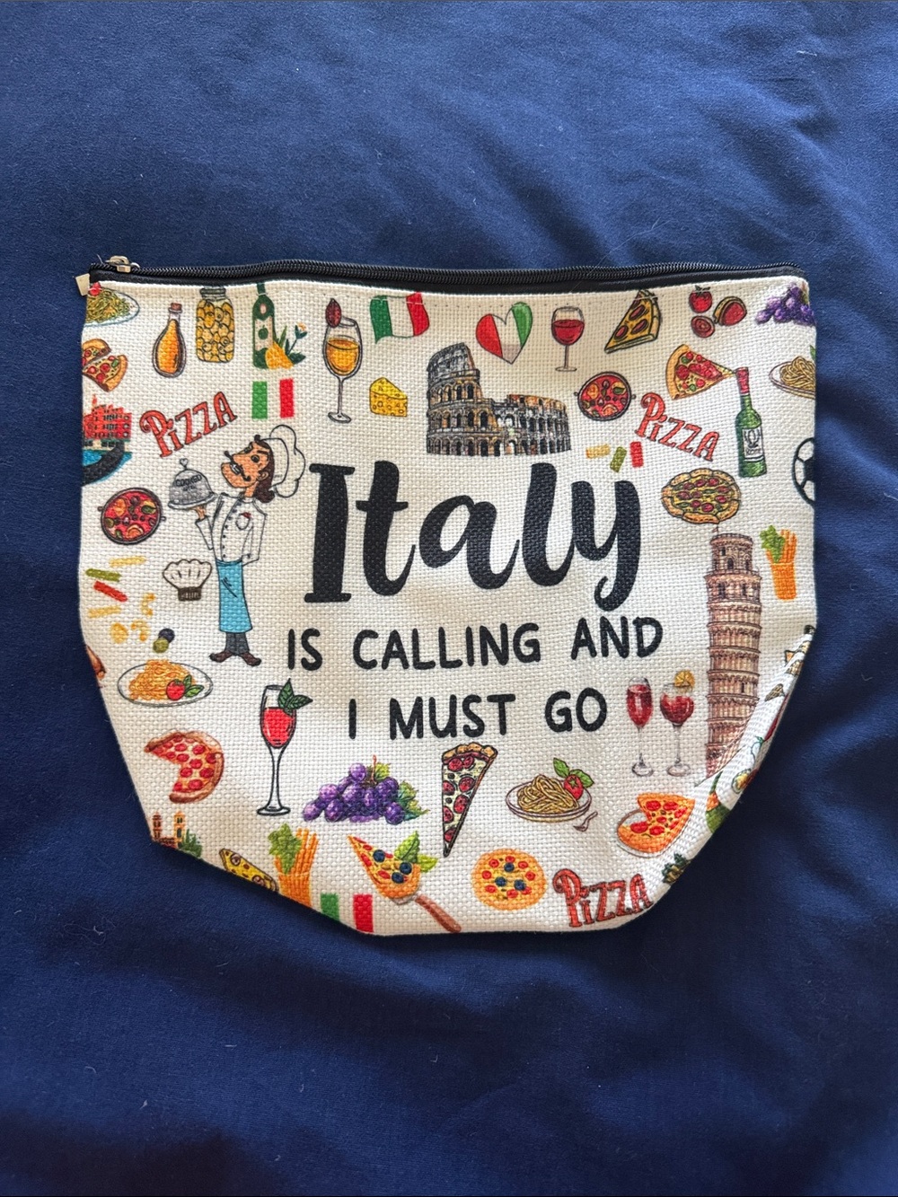 Italy Graphic Canvas Zip Pouch - Cream Travel Cosmetic Bag